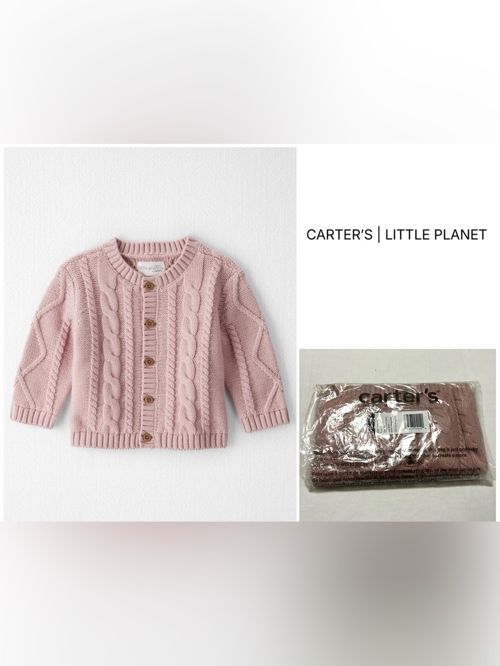 CARTER’S LITTLE PLANET - 18M - NWT - INFANT GIRLS PINK CABLE KNIT CARDIGAN